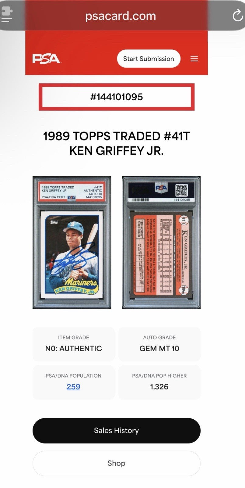 Ken Griffey Jr. 1989 Topps Traded #41T Signed Rookie Baseball Card PSA 10 Auto