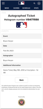 Bryce Harper Game Used Ticket “1st Career HR” BAS 10 Auth MLB Auth