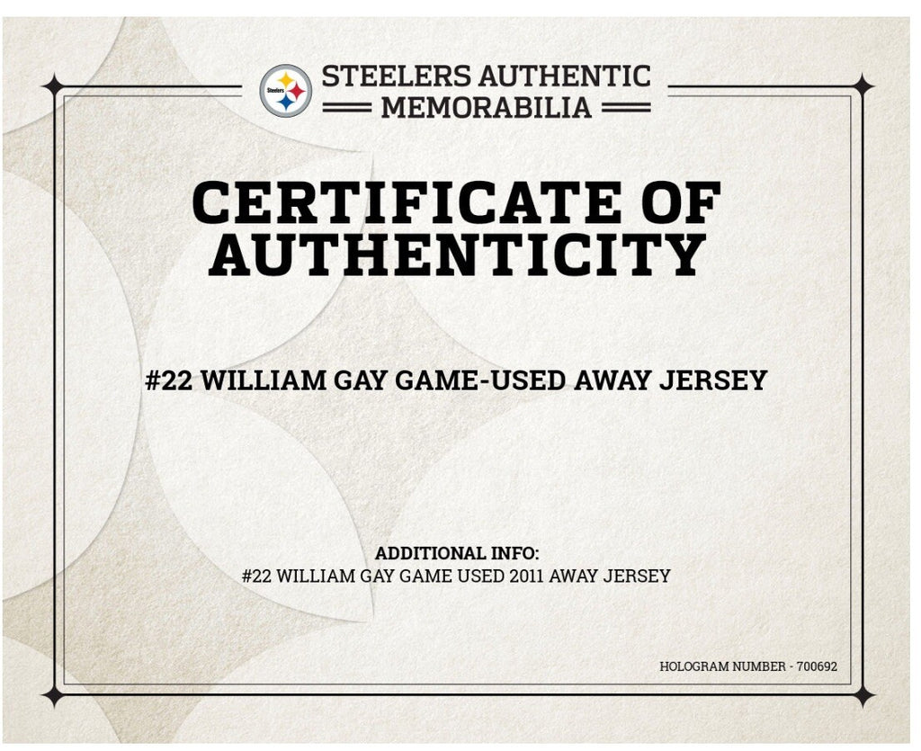 William Gay Pittsburgh Steelers Game Used Worn Jersey 2011 Matched Steelers LOA