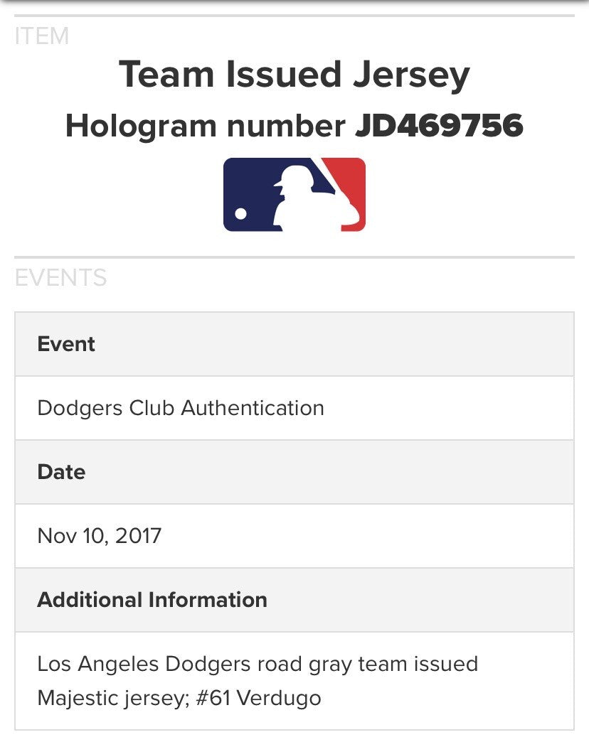 Alex Verdugo Los Angeles Dodgers Player Issued Jersey 2017 MLB Auth