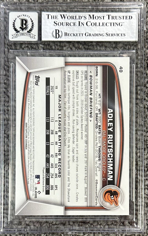 Adley Rutschman 2023 Bowman Signed Rookie Card #40 BGS 10 Auto