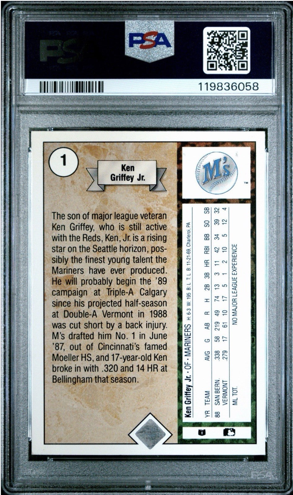 1989 Upper Deck #1 Ken Griffey Jr RC Star Rookie PSA / DNA 3 W/ Printer Error