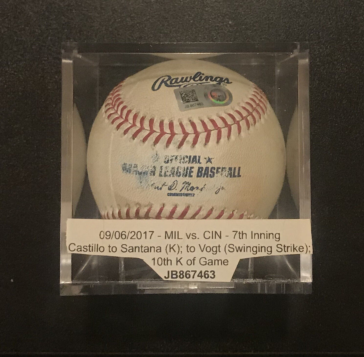 Luis Castillo Cincinnati Reds Game Used Baseball Final Strikeout 2017 MLB Auth