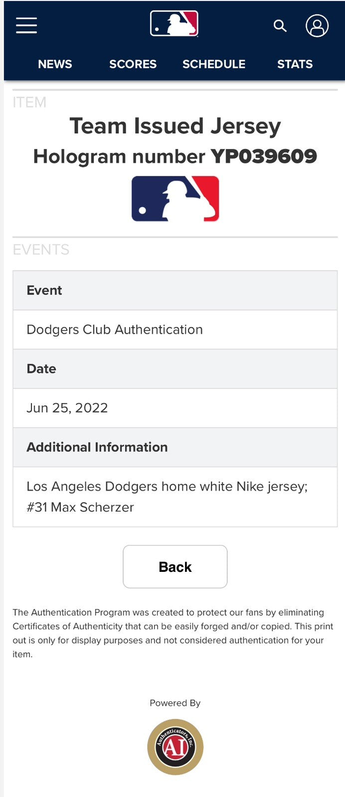 Max Scherzer Los Angeles Dodgers Team Issued Jersey 2022 MLB Auth