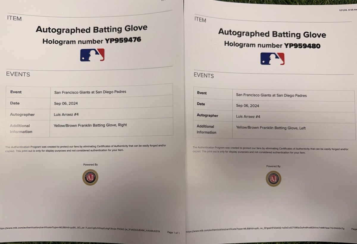Luis Arraez Game Used Batting Gloves 2024 Padres Brown/Yellow Signed MLB GUG LOA