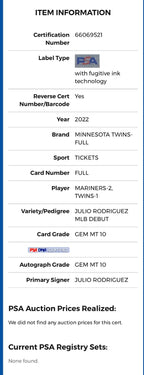 Julio Rodriguez Seattle Mariners Signed MLB Debut Ticket Stub PSA 10 / Auto 10