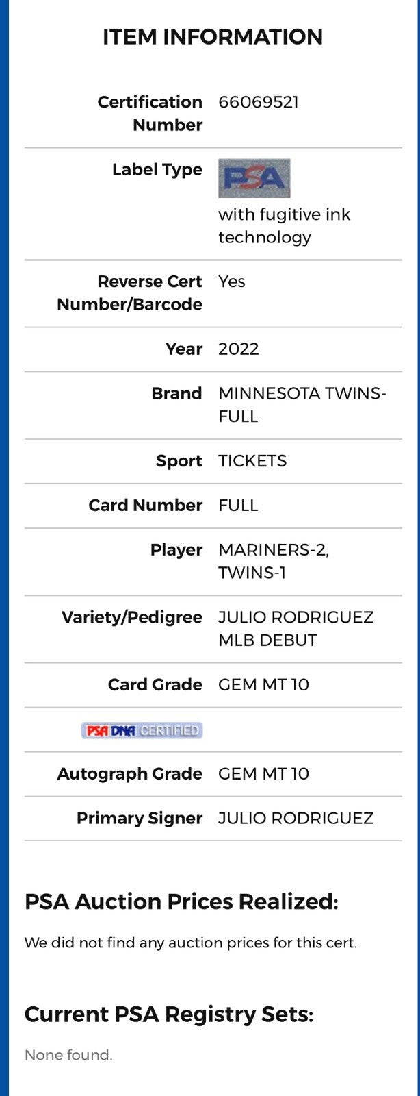 Julio Rodriguez Seattle Mariners Signed MLB Debut Ticket Stub PSA 10 / Auto 10