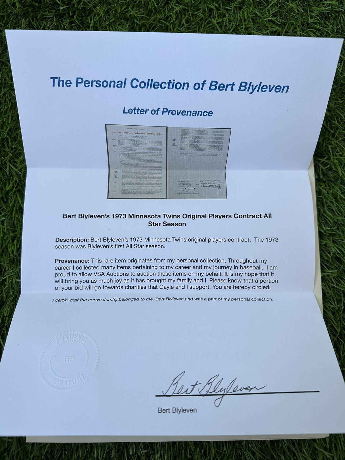 Bert Blyleven 1973 Minnesota Twins MLB Player Contract 1st ASG Year Blyleven LOA
