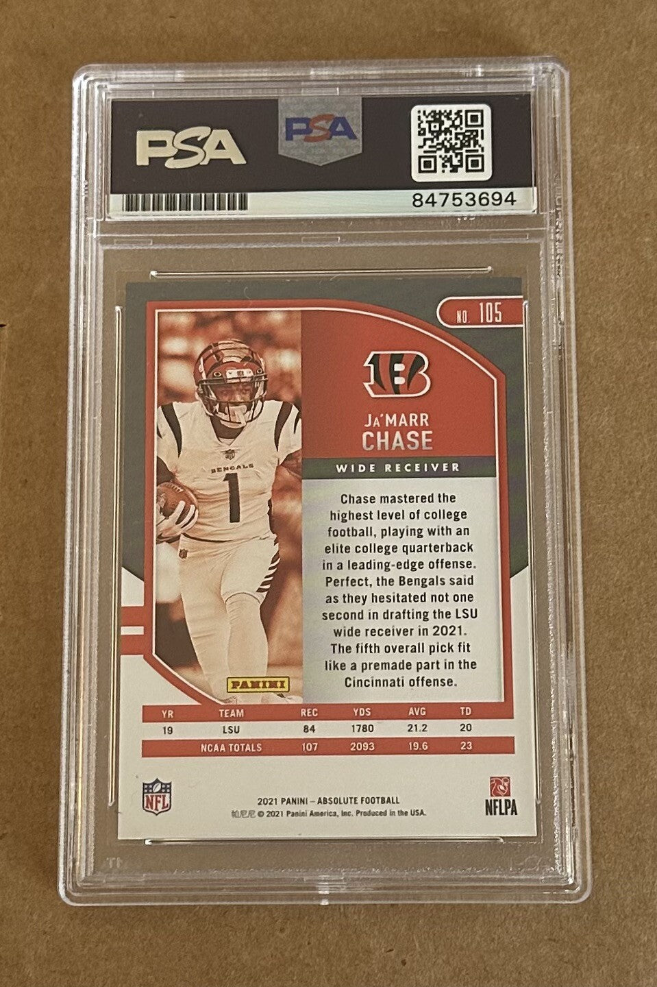 Jamarr Chase Panini #105 Rookie Card Signed Witnessed Auto PSA 10 2021