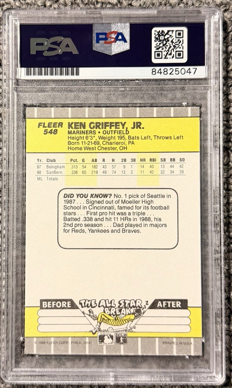 Ken Griffey Jr. 1989 Fleer #548 Signed Rookie Baseball Card Auto PSA/DNA 10