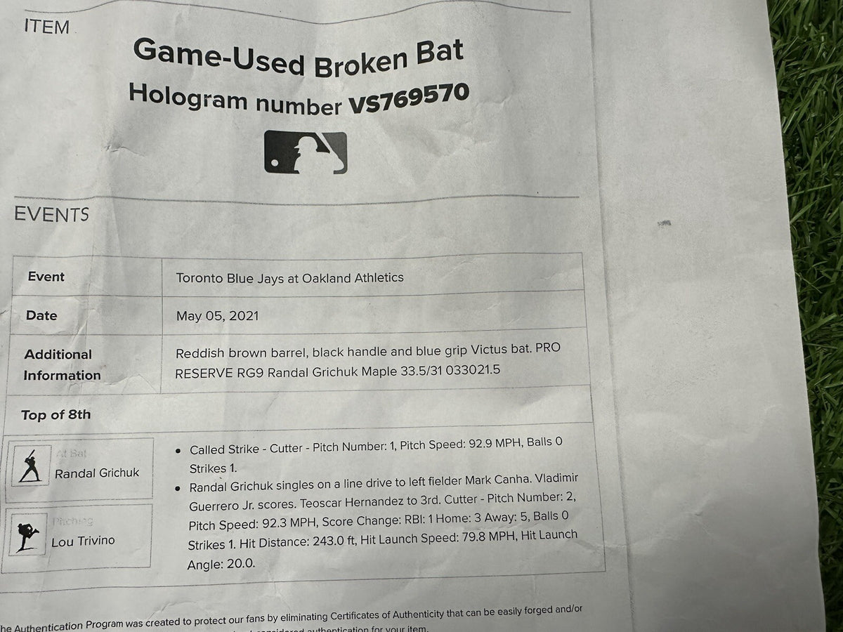 Randal Grichuk Toronto Blue Jays game used bat 2021 “RBI Single"