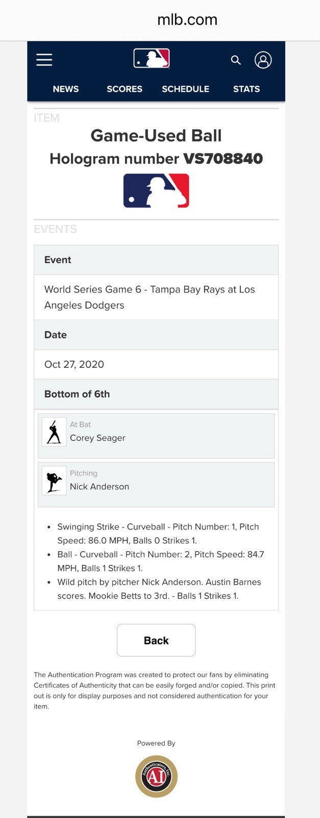 2020 World Series Game 6 Game Used Baseball Los Angeles Dodgers CLINCH MLB Auth