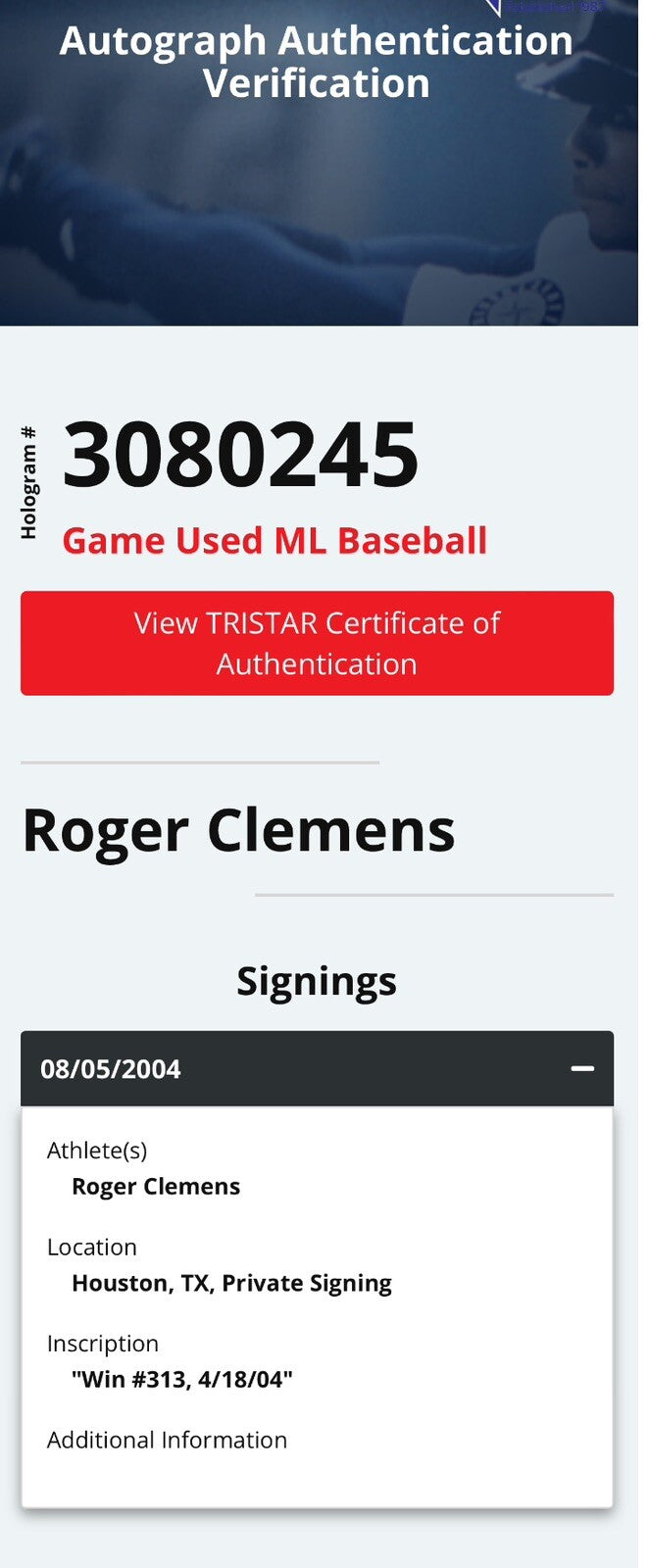 Roger Clemens Astros Game Used Baseball Career Win 313 4/18/04 MLB Auth LOA Auto