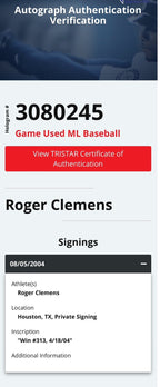 Roger Clemens Astros Game Used Baseball Career Win 313 4/18/04 MLB Auth LOA Auto
