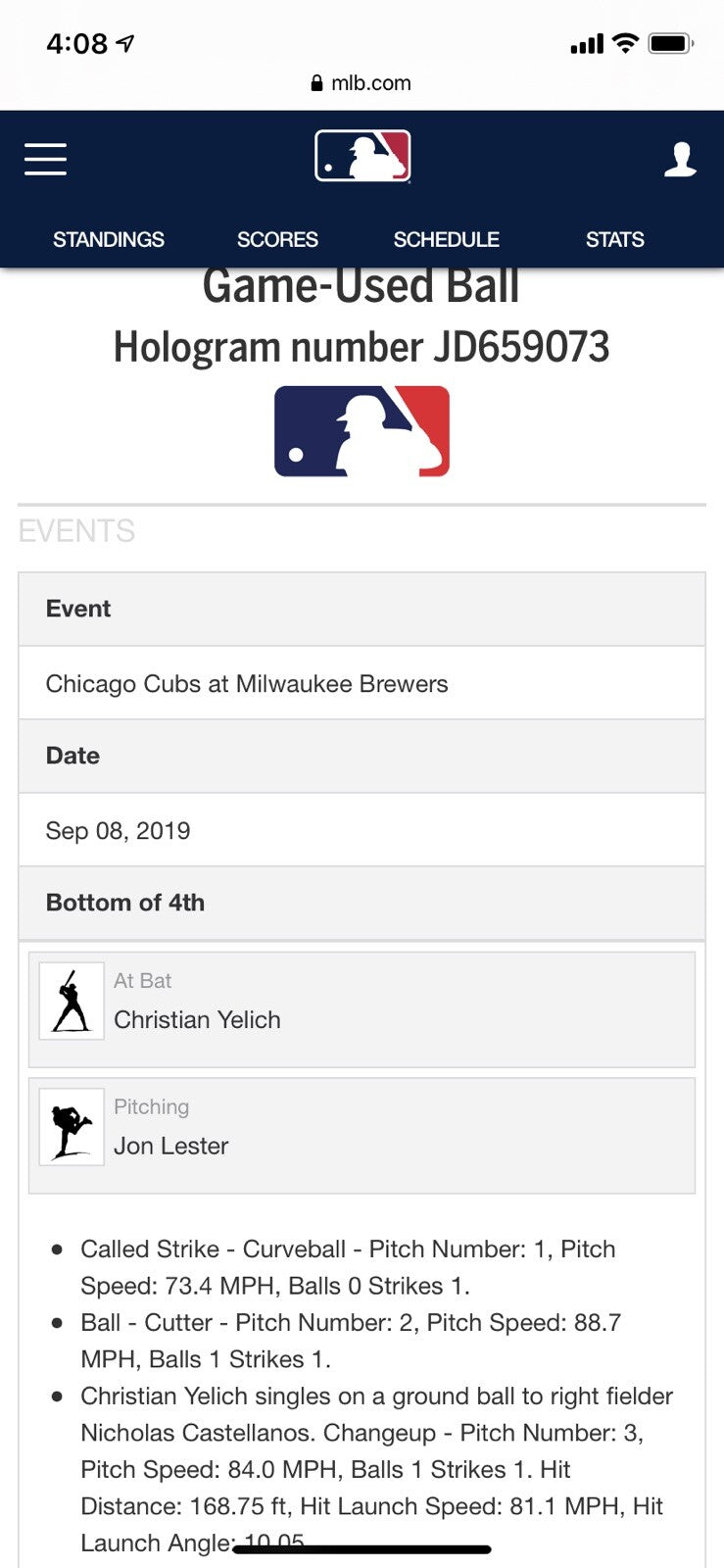 Christian Yelich Milwaukee Brewers Game Used Baseball Single MLB 2019