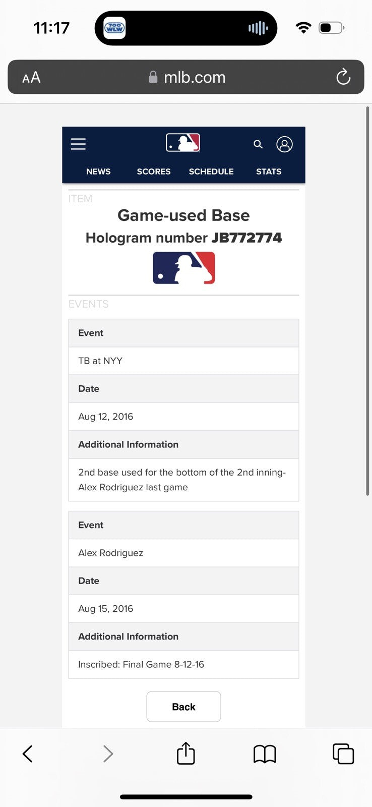Alex Rodriguez New York Yankees Game Used “Final MLB Game” Base MLB Auth