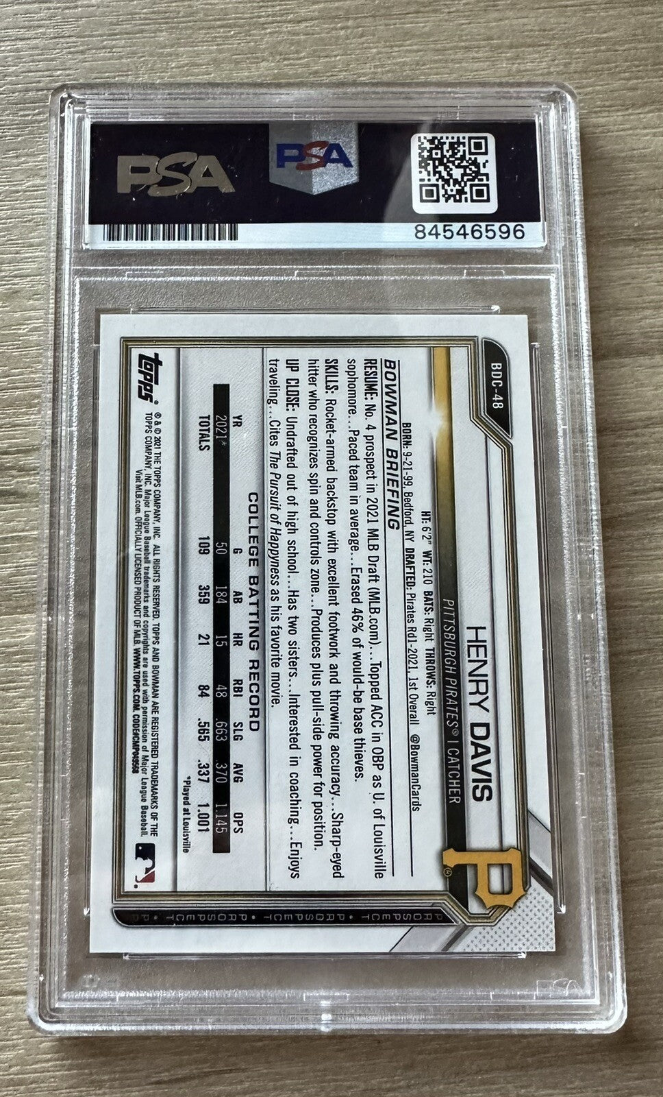Henry Davis Pittsburgh Pirates 1st Bowman Chrome Signed Card Purple Auto PSA 10