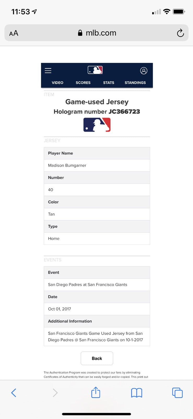 Madison Bumgarner San Francisco Giants Game Used Jersey 2017 MLB Auth