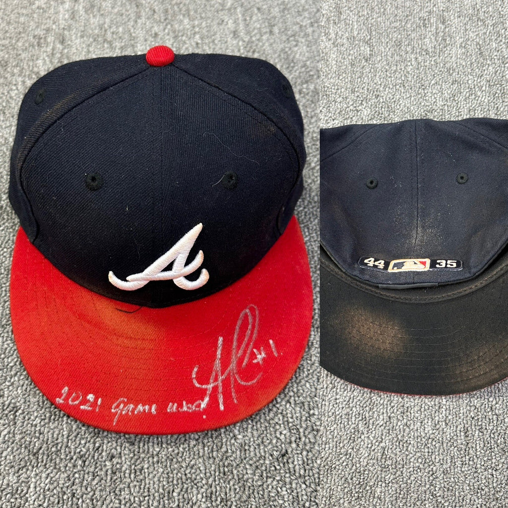 Ozzie Albies Atlanta Braves Game Used Hat 2021 “44/35 Patches” Signed LOA