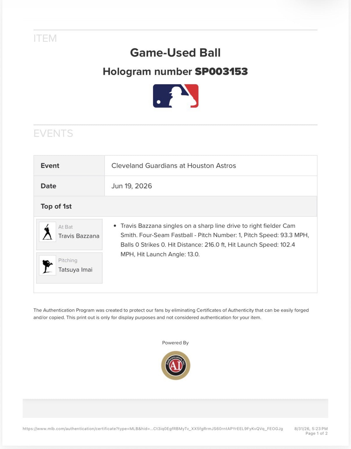 Travis Bazzana Cleveland Guardians Game Used Baseball Career Hit 41 MLB Auth