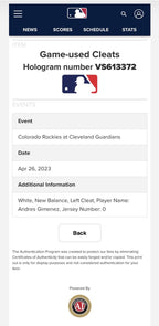 Andres Gimenez Cleveland Game-Used Home New Balance Custom Cleats MLB Auth 2023