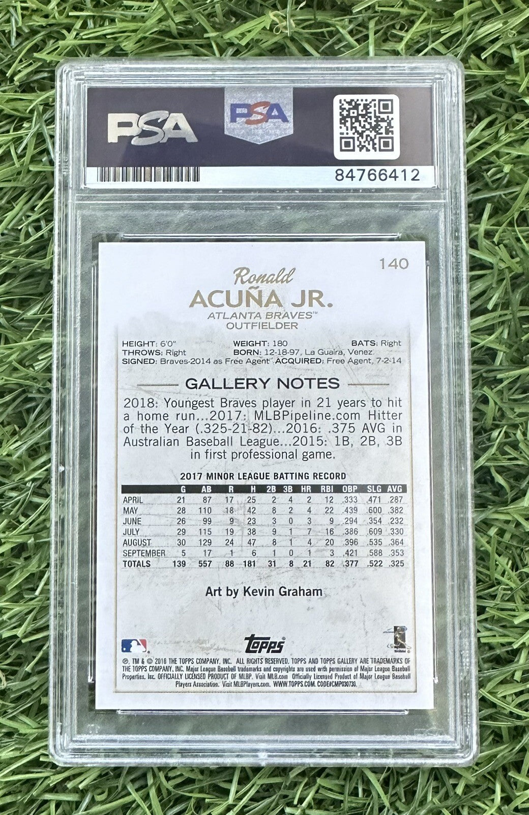 2018 Topps Gallery #140 Ronald Acuna Jr. RC On Card PSA/DNA 10 Auto