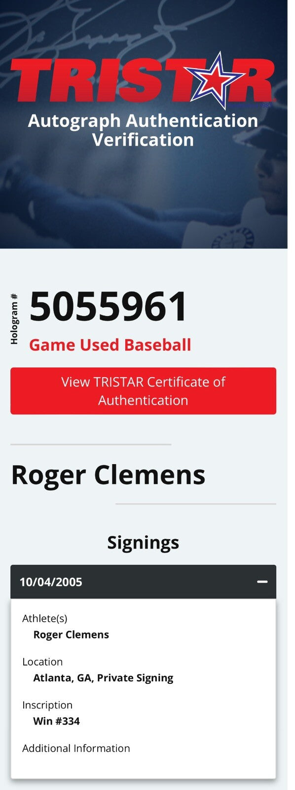 Roger Clemens Astros Game Used Baseball Career Win 334 6/22/05 MLB Auth LOA Auto