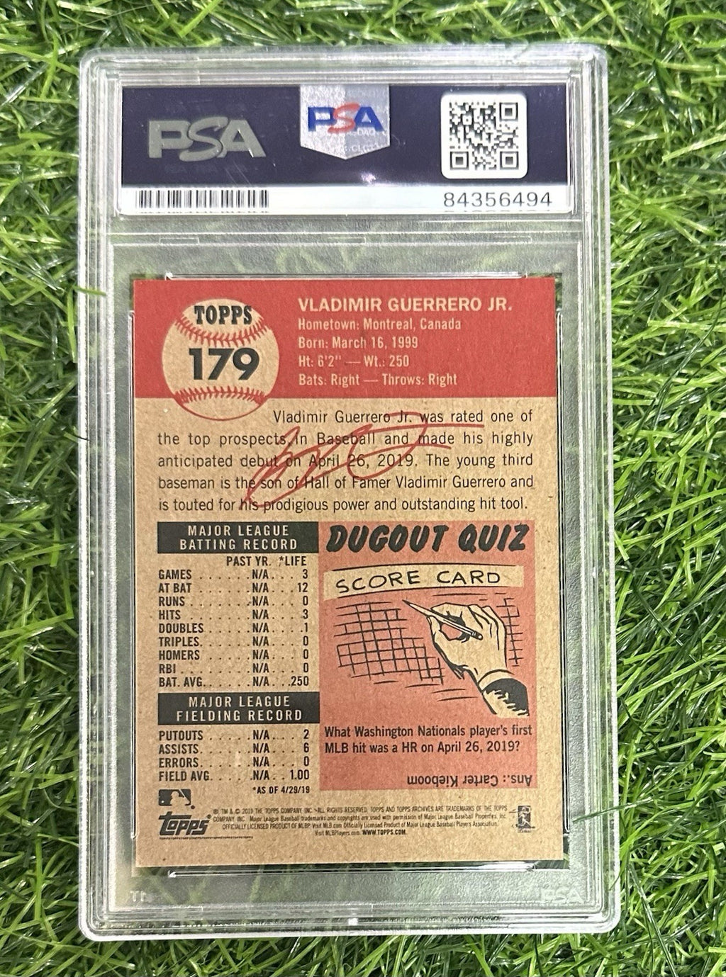 Vladimir Guerrero Jr. Signed Topps 2019 Rookie #179 PSA/DNA 10 Auto
