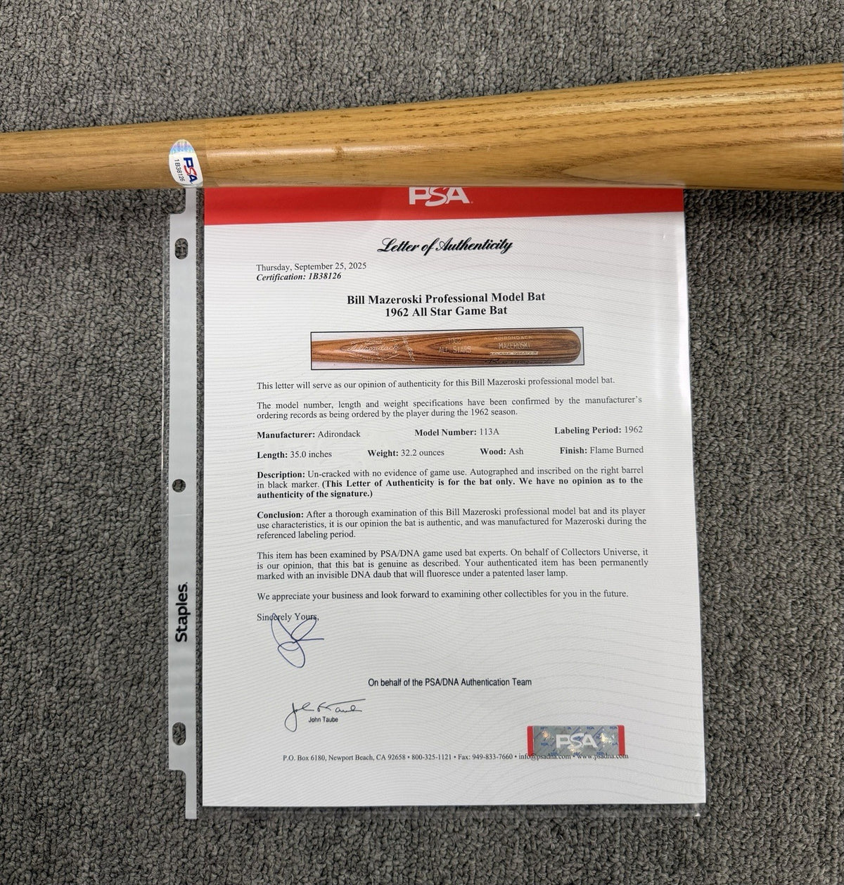 Bill Mazeroski 1962 All-Star Game Player Issued Bat Puttsburgh Pirates PSA LOA