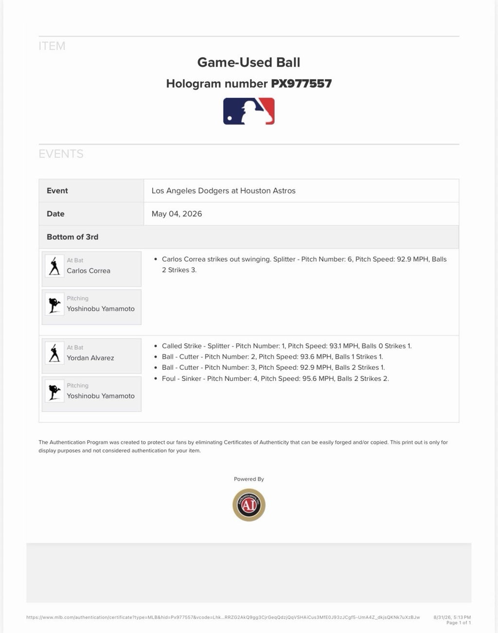 Yoshinobu Yamamoto Dodgers Game Used Strikeout K Baseball 2026 MLB Auth LOA