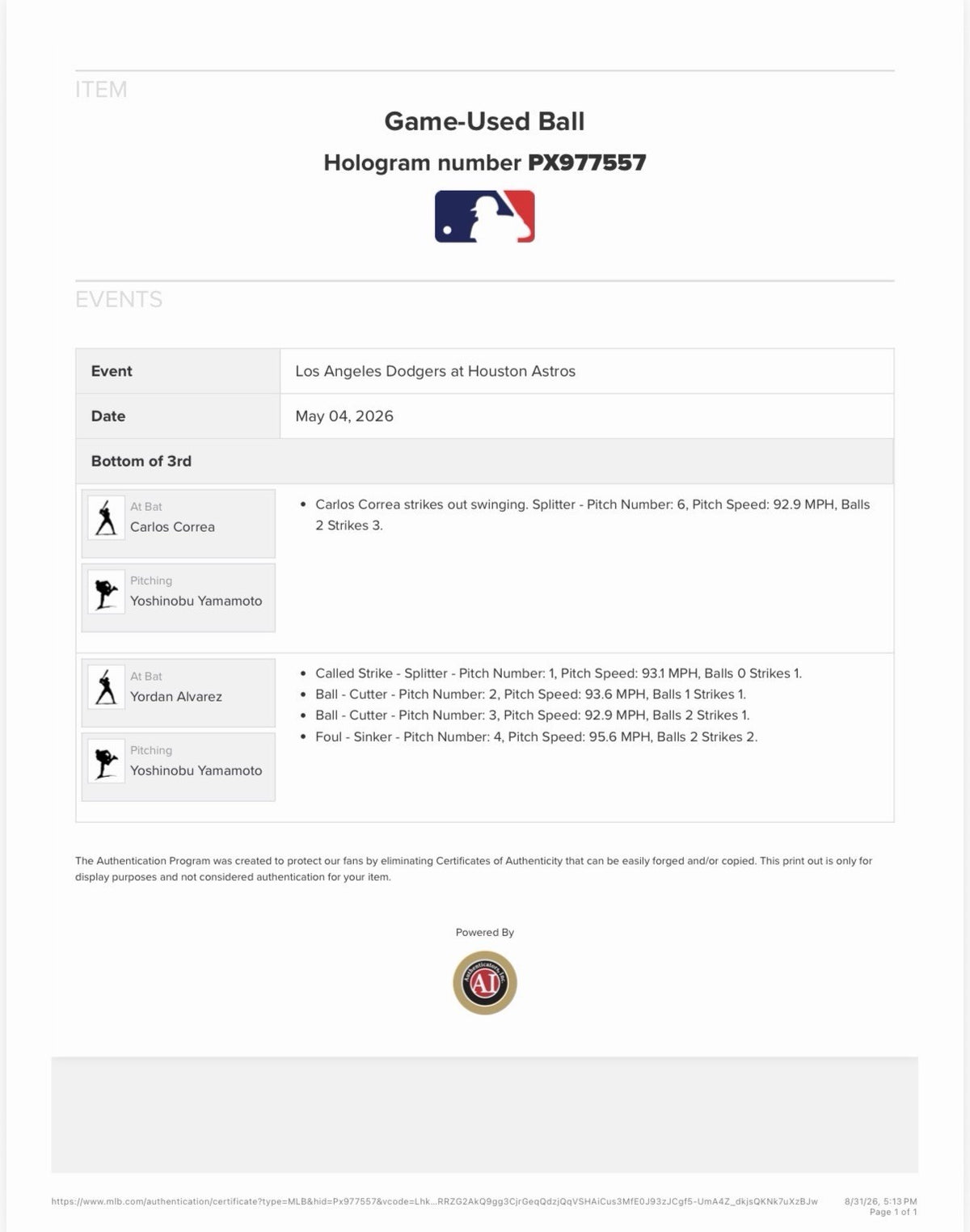 Yoshinobu Yamamoto Dodgers Game Used Strikeout K Baseball 2026 MLB Auth LOA