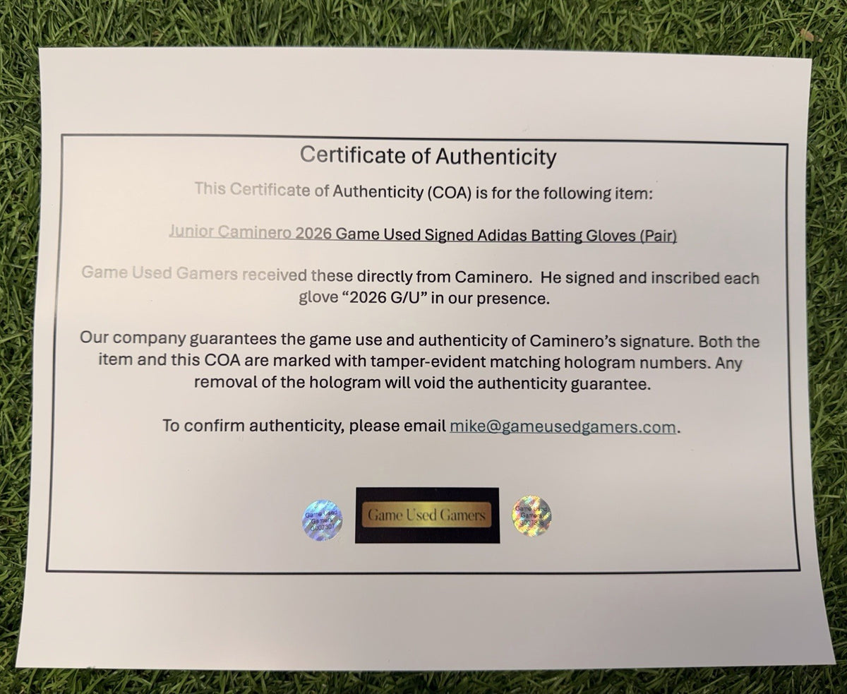Junior Caminero Game-Used & Signed Adidas Yellow Batting Gloves – 2026 GUG LOA