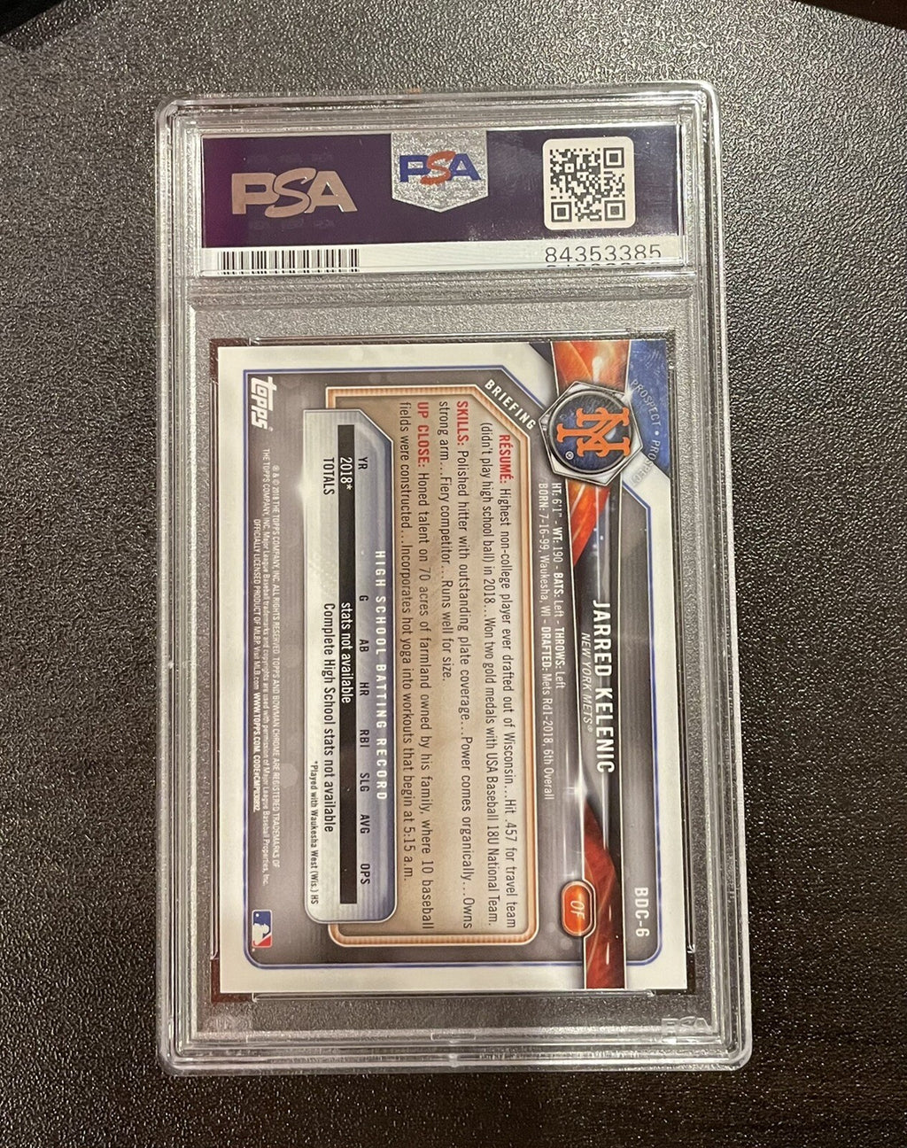 Jarred Kelenic Bowman Chrome 1st Bowman 2018 BDC-6 Signed Auto PSA 10