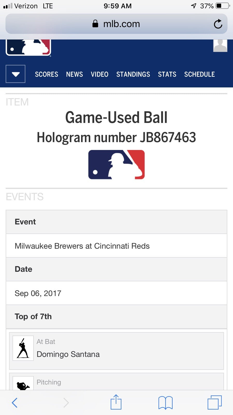 Luis Castillo Cincinnati Reds Game Used Baseball Final Strikeout 2017 MLB Auth