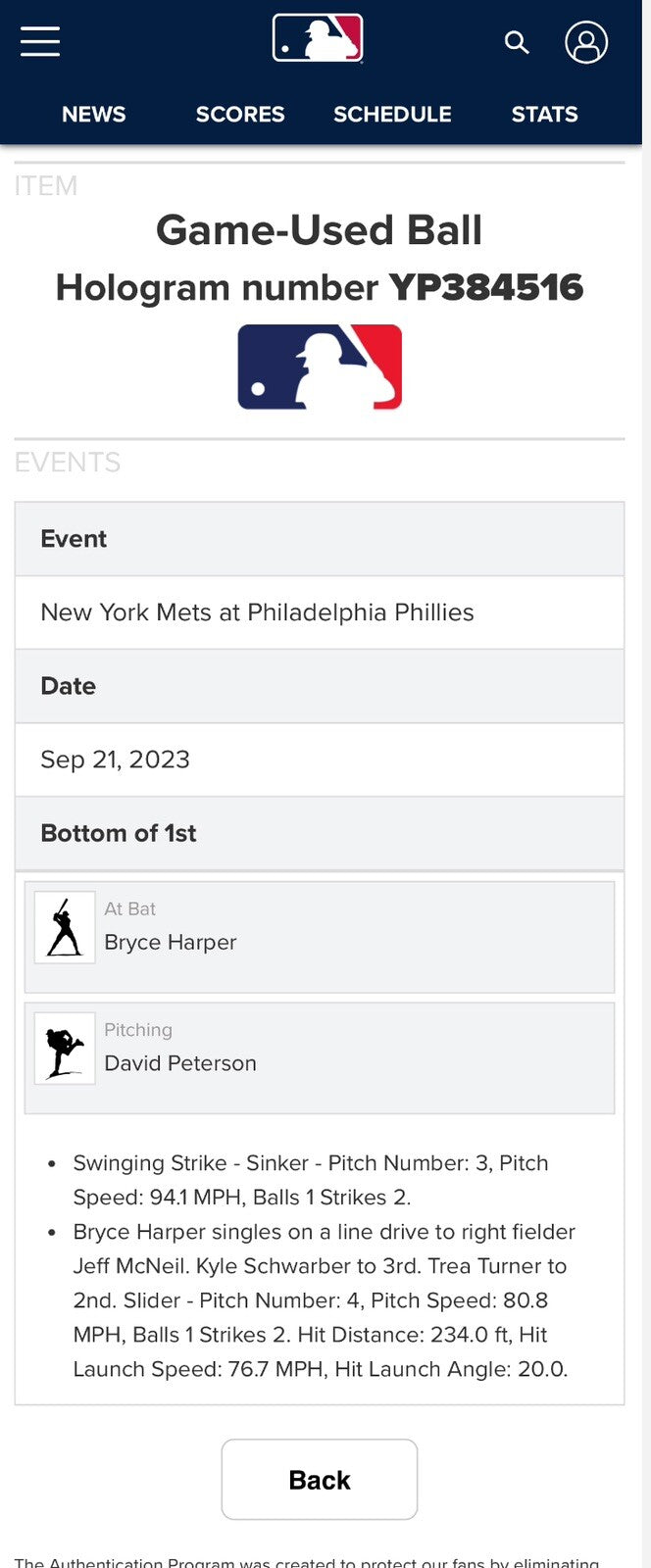 Bryce Harper Phillies Game Used Baseball Single Career Hit 1506 MLB Auth