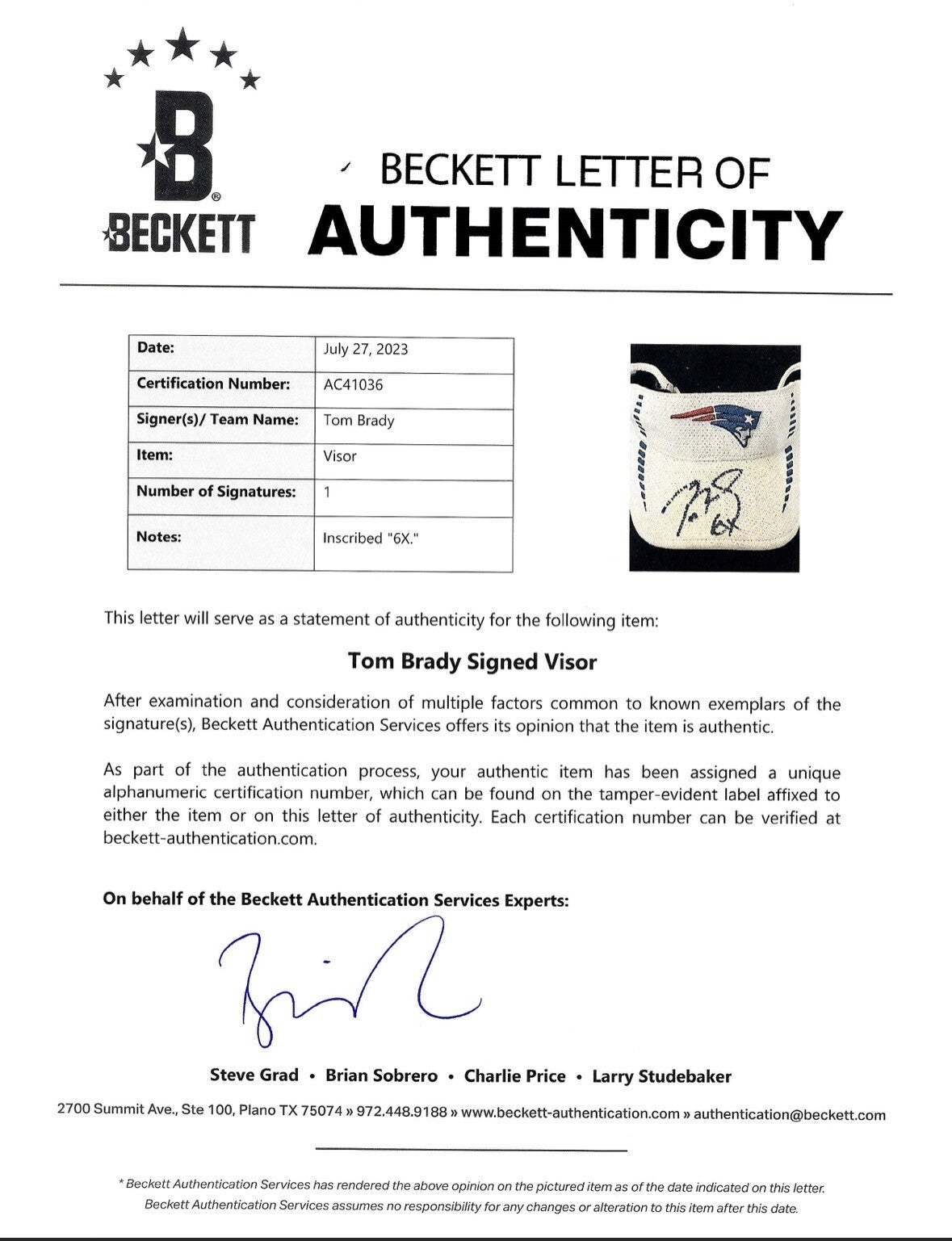 Tom Brady Signed Patriots Visor “6x Inscription” Auto Beckett LOA