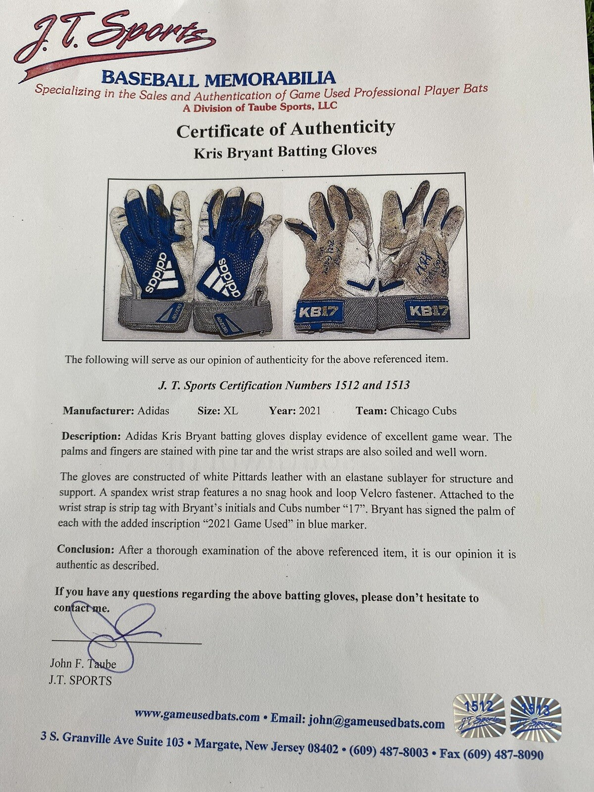 Kris Bryant Chicago Cubs Game Used Batting Gloves 2021 Excellent Use Signed LOA