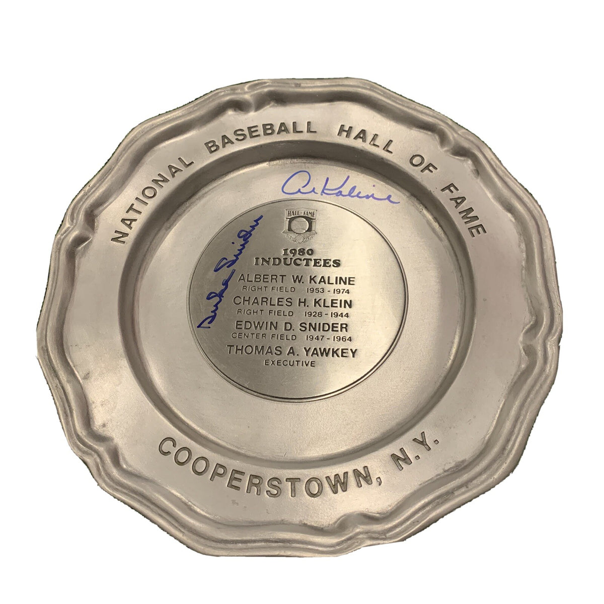 Al Kaline Duke Snider Signed HOF 1980 Signed Pewter Plate JSA Auth Autographed