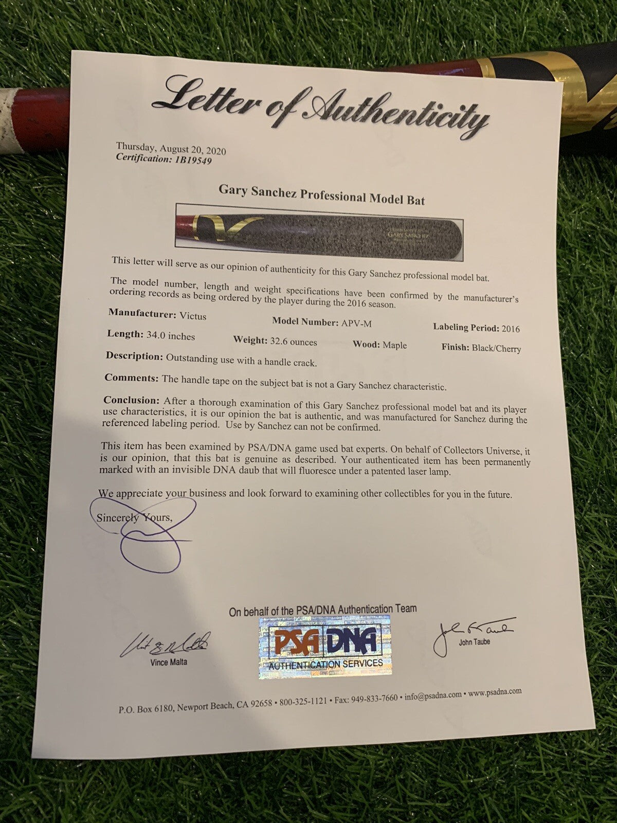 Gary Sanchez New York Yankees Game Bat With Use 2016 PSA LOA