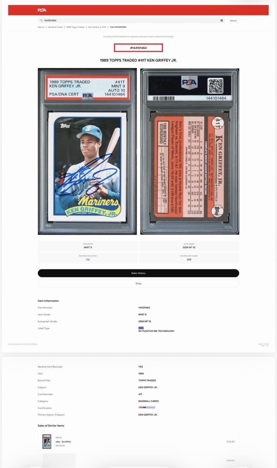 Ken Griffey Jr. 1989 Topps Traded #41T Signed Rookie Baseball Card PSA/DNA 9/10