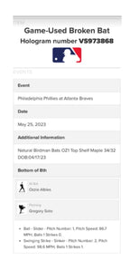 Ozzie Albies Atlanta Braves Game Used Bat Birdman 2023 Career HR 108 MLB Auth