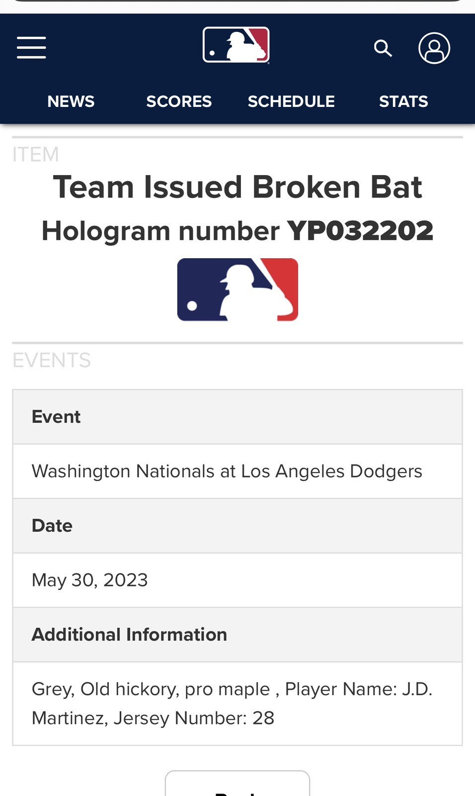 JD Martinez Los Angeles Dodgers Game Used Bat 2023 MLB Authenticated