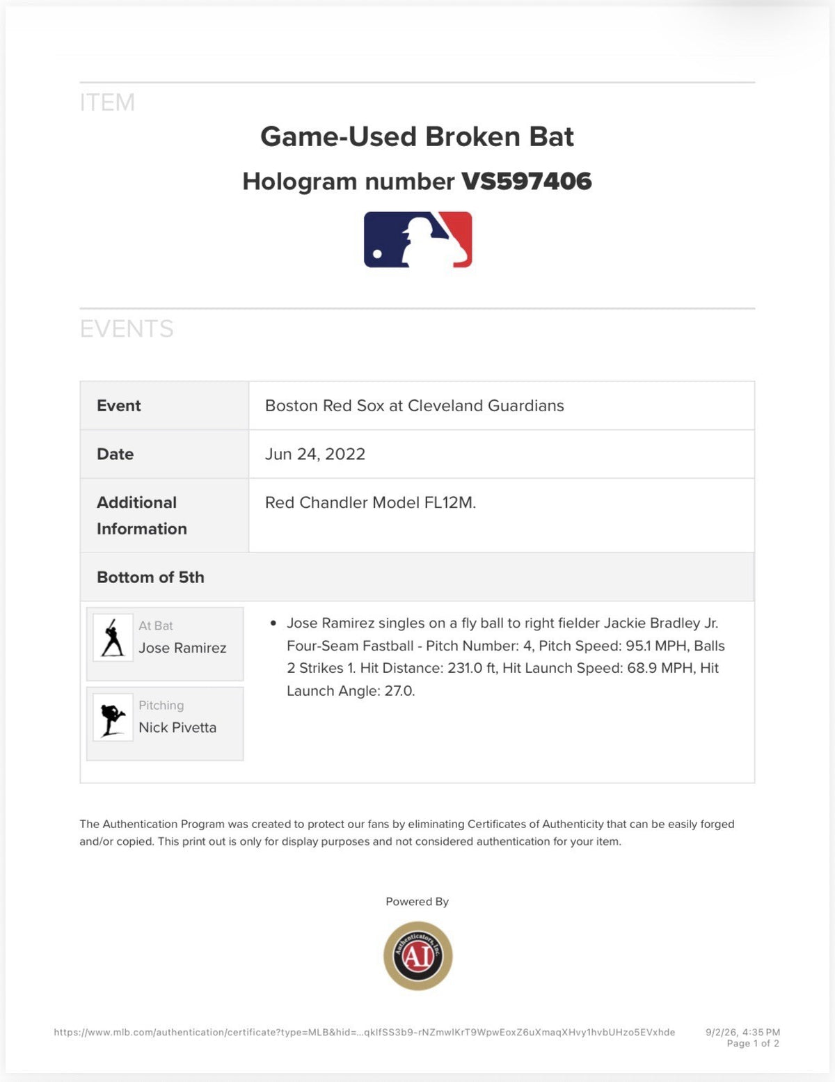 Jose Ramirez Cleveland Guardians Game Used Bat 2022 Signed MLB Auth Hit 1060 LOA