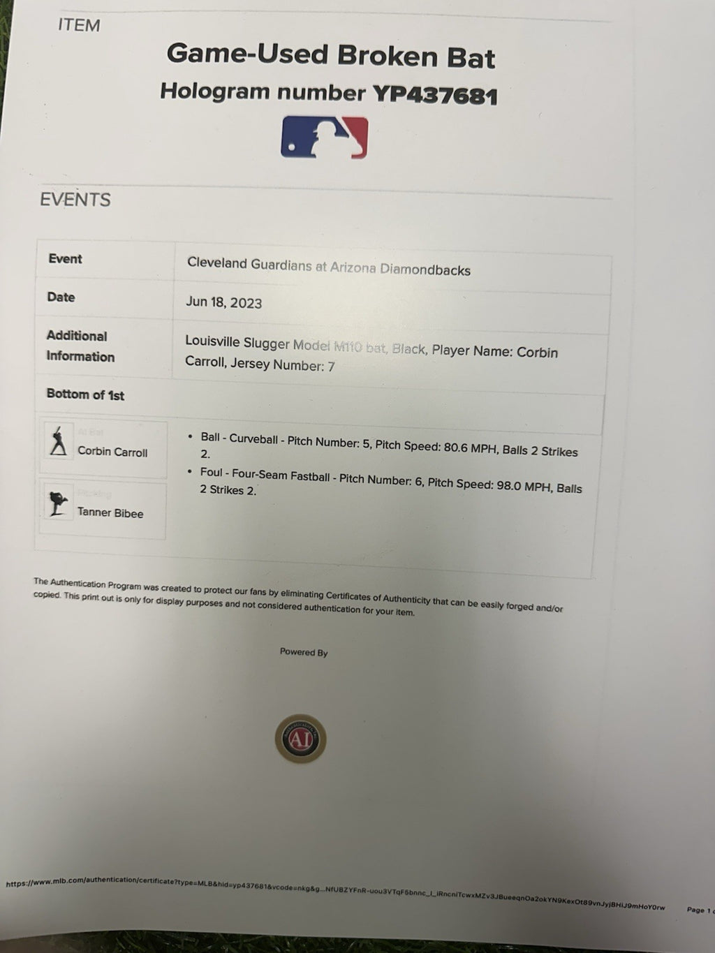 Corbin Carroll Arizona Dbacks Game Used Bat 2023 NL RoY Season MLB Auth