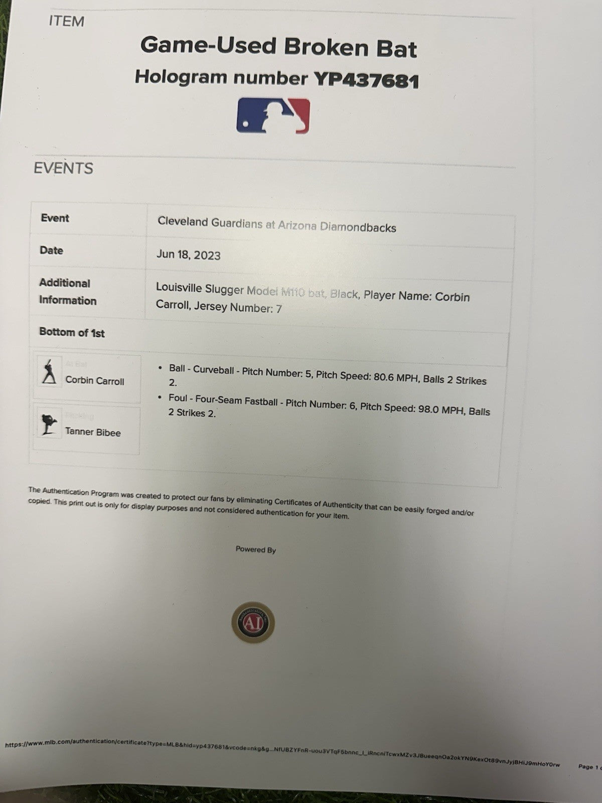 Corbin Carroll Arizona Dbacks Game Used Bat 2023 NL RoY Season MLB Auth