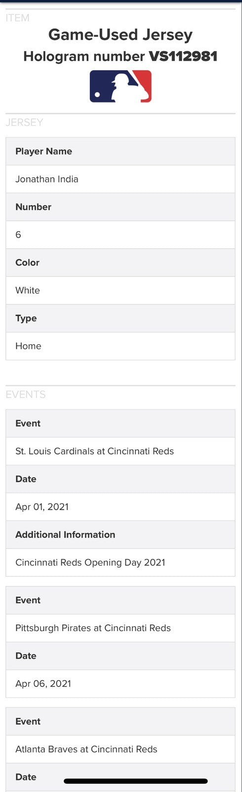Jonathan India Cincinnati Reds Game Used Jersey 2021 MLB Debut ROY Year MLB Auth