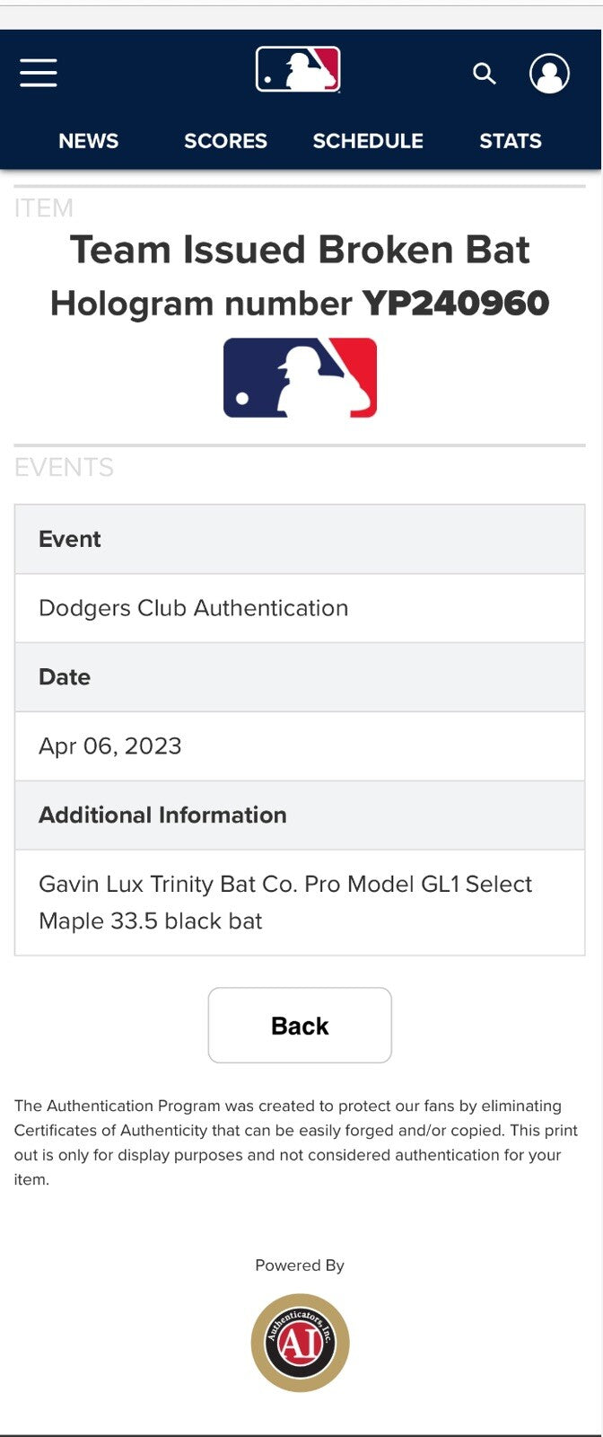 Gavin Lux Los Angeles Dodgers Game Used Bat 2019-22 MLB Auth
