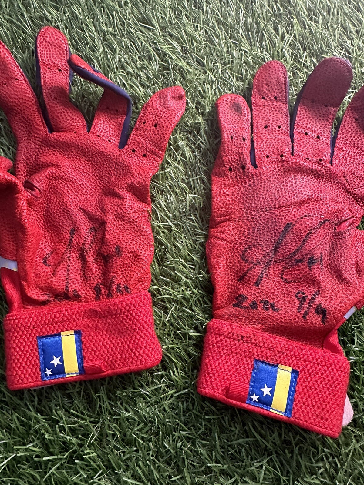 Ozzie Albies Braves Game Used Batting Gloves 2022 Signed GUG LOA Red/Blue/Grey