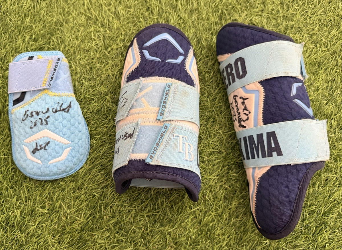 Junior Caminero Game-Used & Signed 3 Piece Protector Set – 2025 GUG LOA