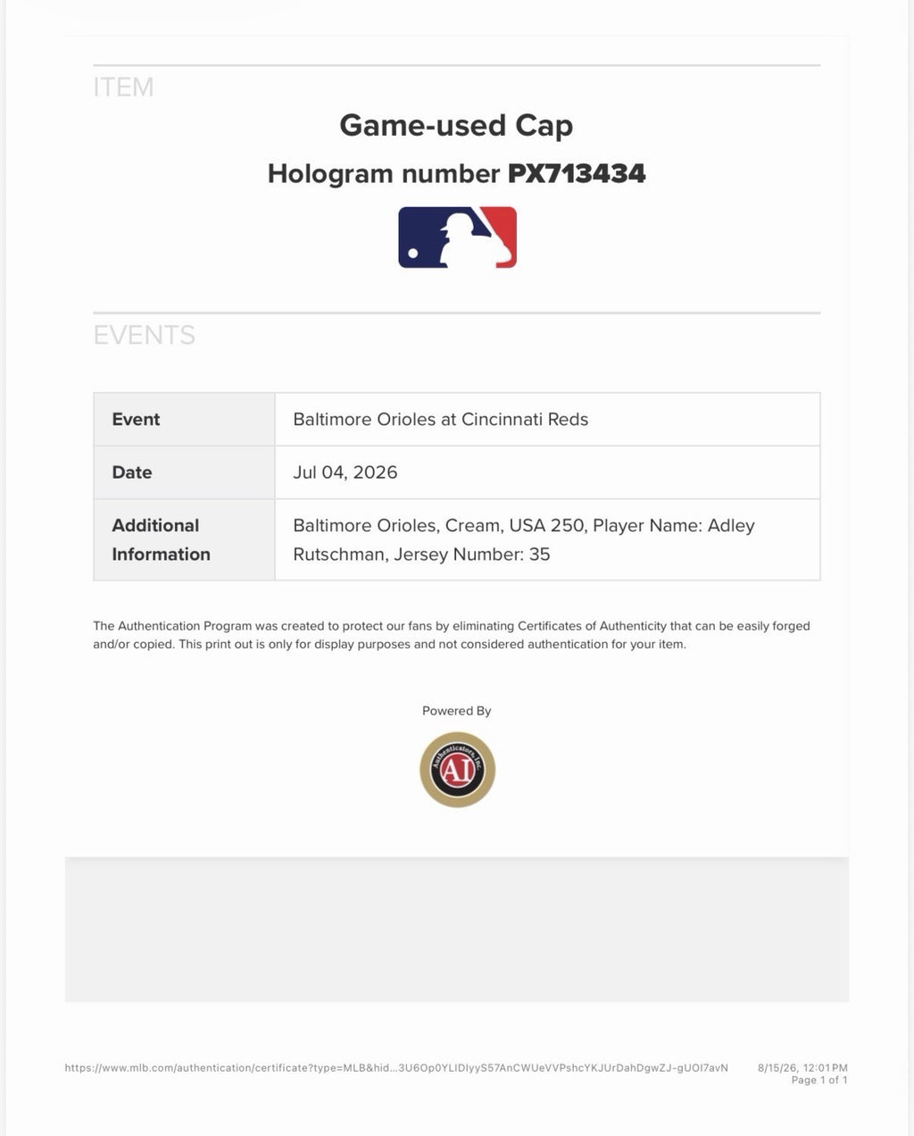 Adley Rutschman Baltimore Orioles Game Used Worn Hat 7/4/26 MLB Auth